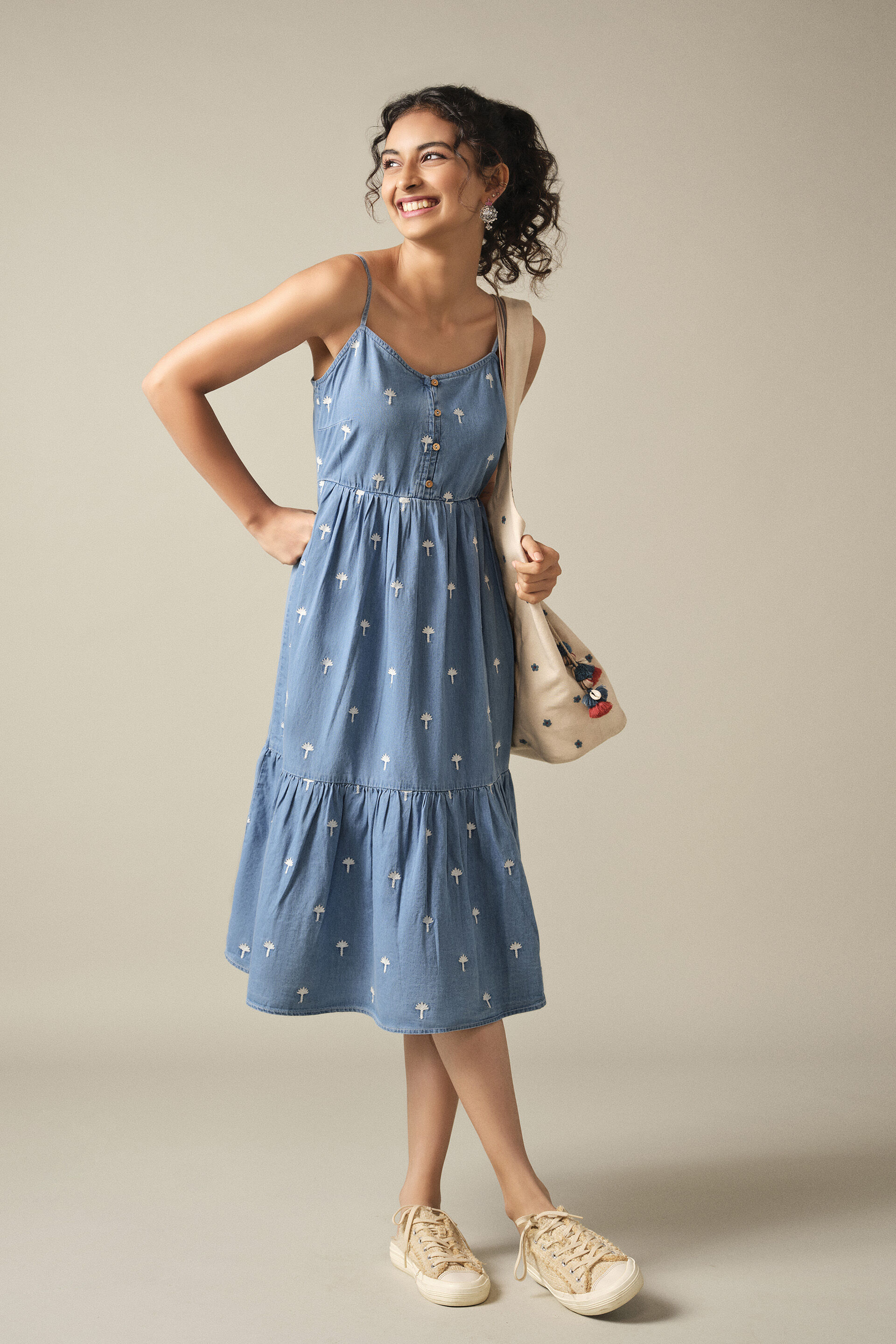 Embroidered Denim Dress in Indigo, Indigo, image 2